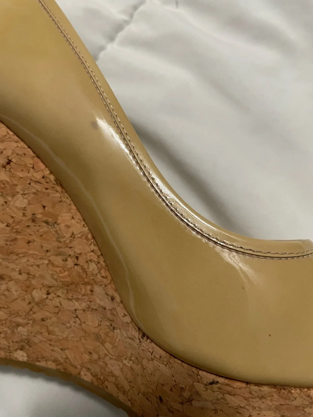 Jimmy Choo peep toe Beige Patent Cork Wedge Heels